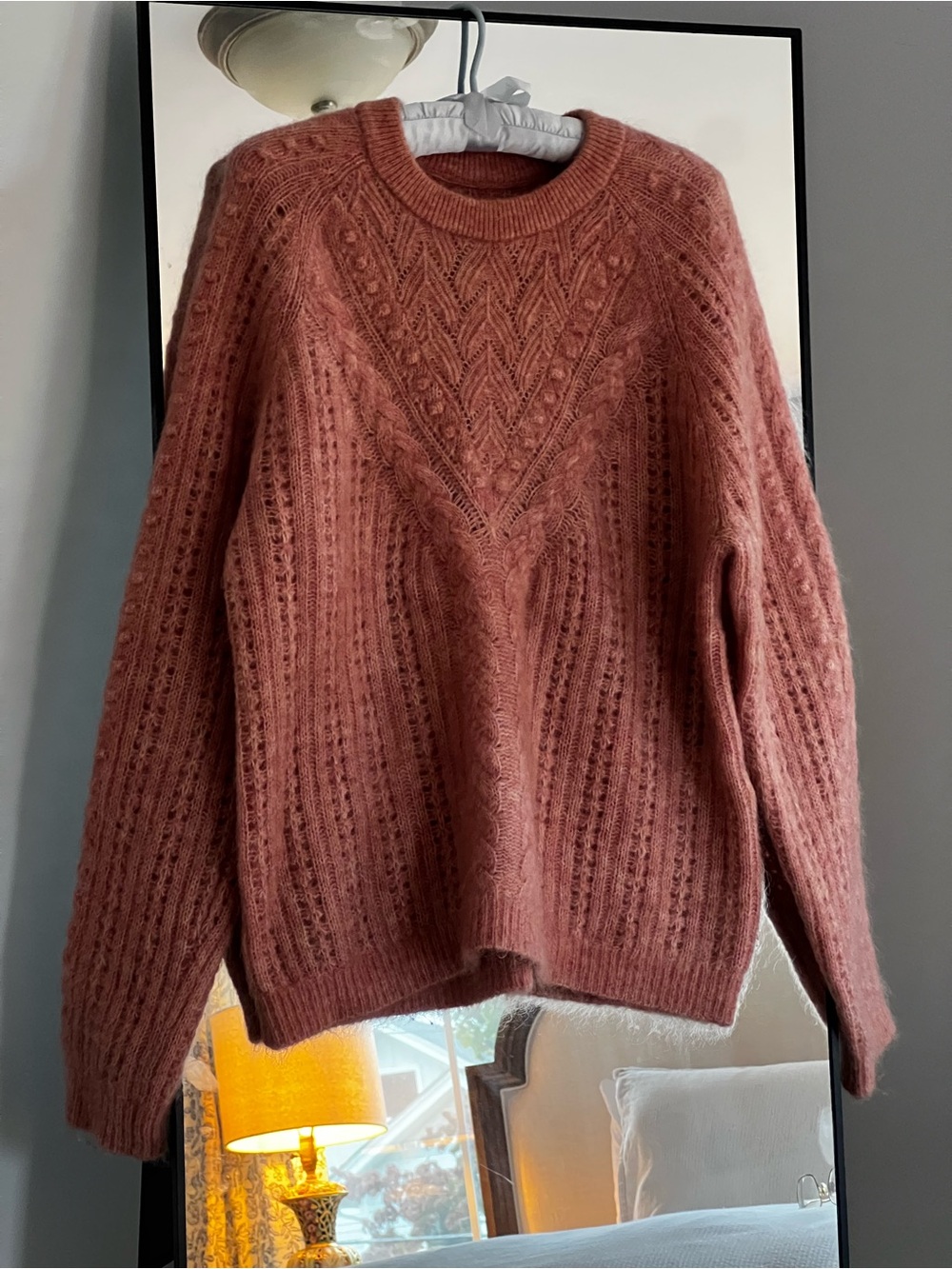 Sezane Jake Rose Cable Knit Crewneck Sweater